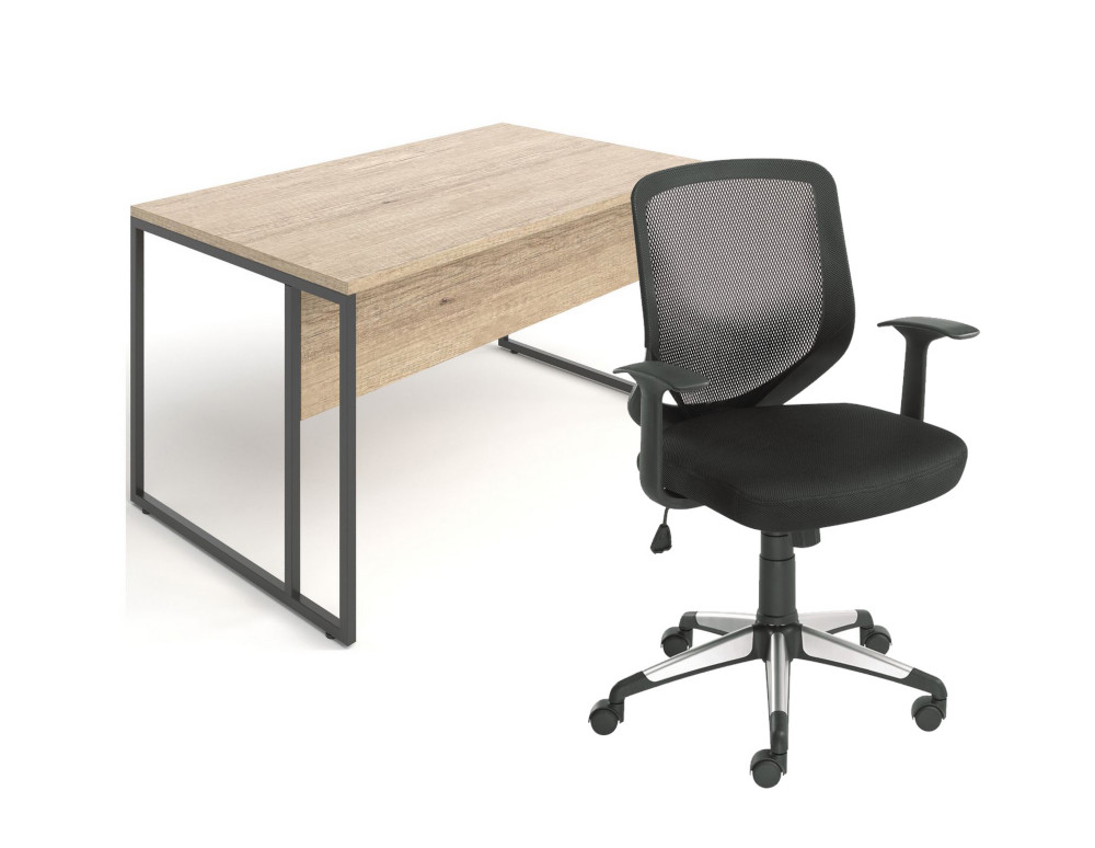Pack Bureau droit Skyline L.140 x P.80 cm Plateau Chne Nebraska Pieds Noir + Fauteuil Kontact dossier H. 48 cm Noir