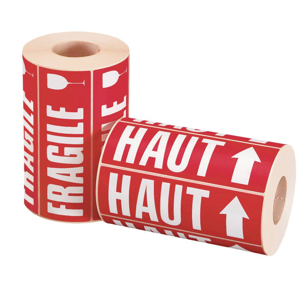 Etiquette adhsive pr-imprime ''HAUT'' - Rouleau de 500 tiquettes 16,5 x 5,5 cm