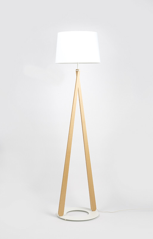 Aluminor Lampadaire Zazou - Ampoule Led E27 - 12W - Pied bois htre - Socle acier laqu - Abat-jour blanc