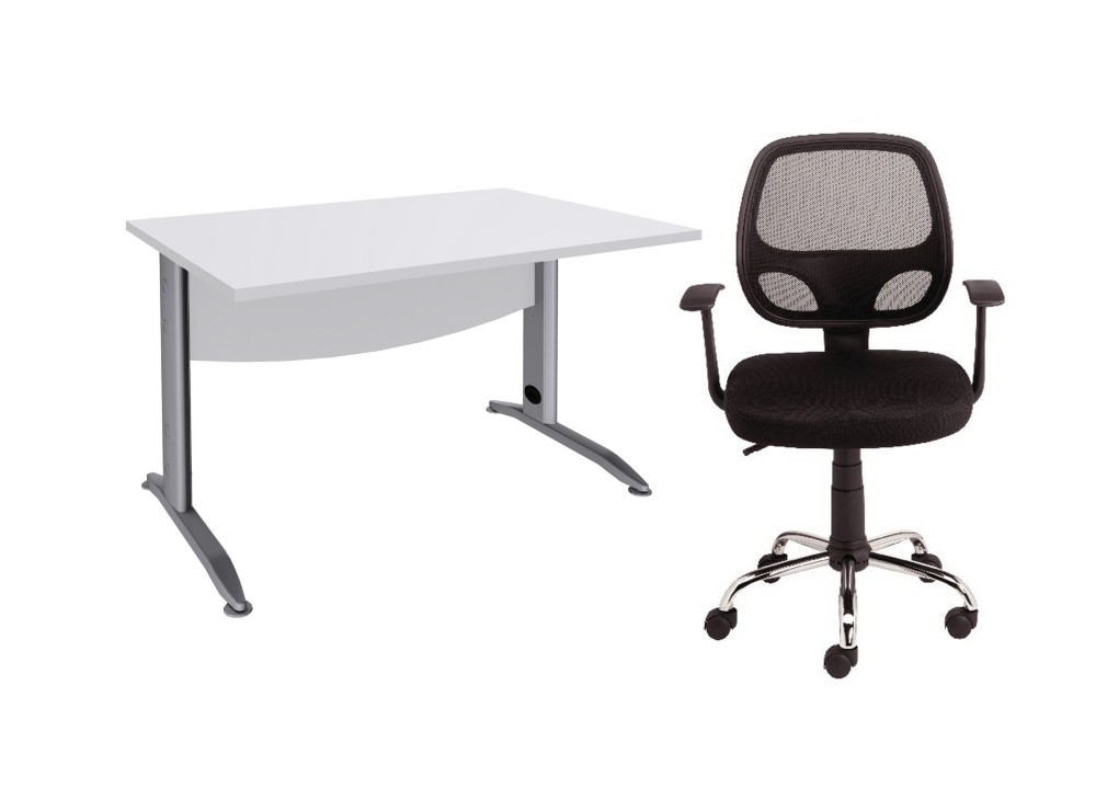 Pack Bureau droit Activity Mtal L.120 x P.80 cm Plateau Blanc - Pieds L Aluminium + Fauteuil Tami tissu/maille filet Noir