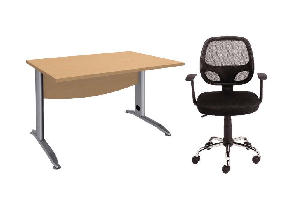 Pack Bureau droit Activity Mtal L.120 x P.80 cm Plateau Htre - Pieds L Aluminium + Fauteuil Tami tissu/maille filet Noir