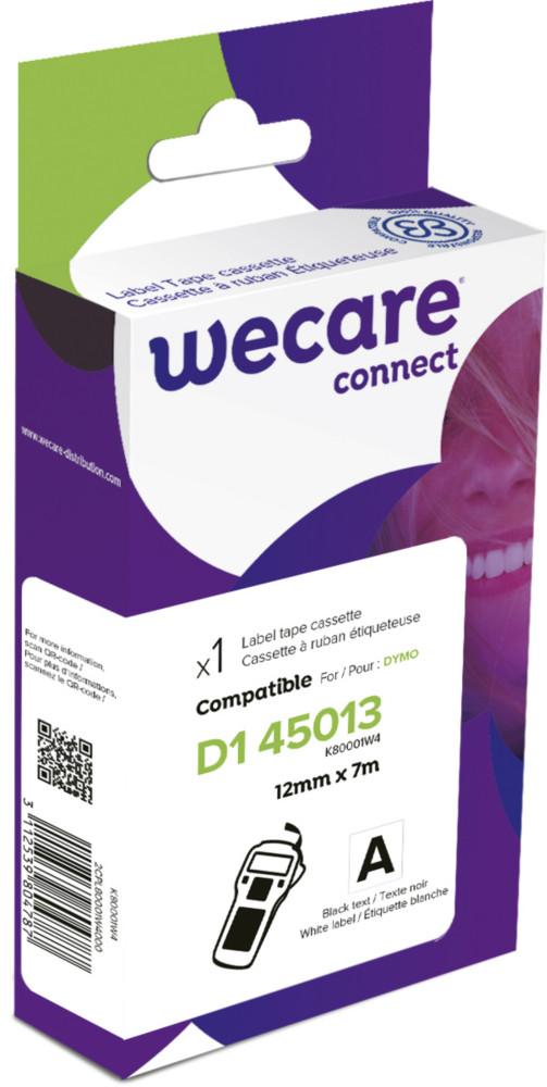 Wecare Ruban compatible D1 Dymo 45013 / S0720530 - 12 mm x 7 m - Noir sur Blanc