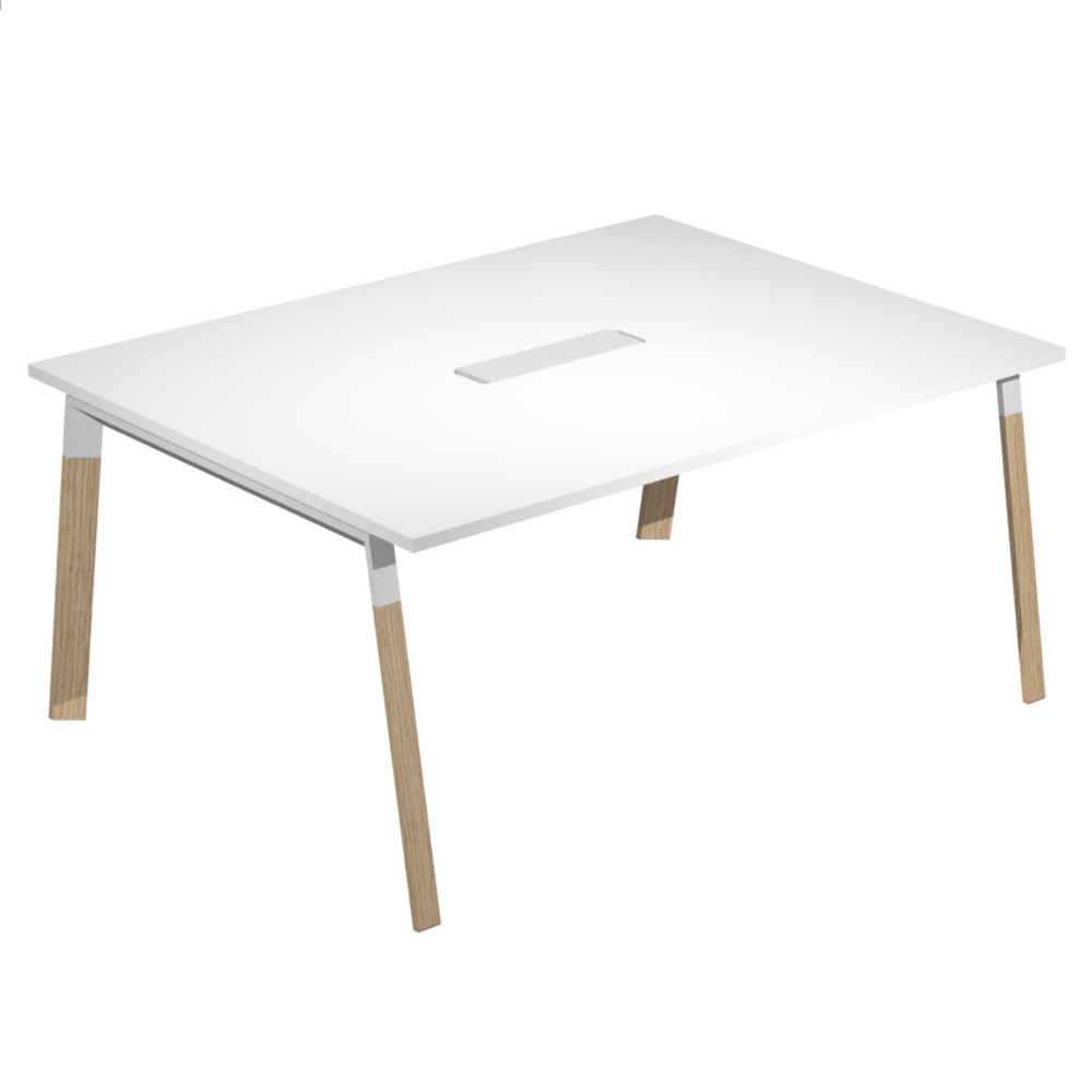 Table de runion Wood - L.160 x P.120 cm - Trappe daccs centrale - Plateau blanc - Pieds bois frne massif