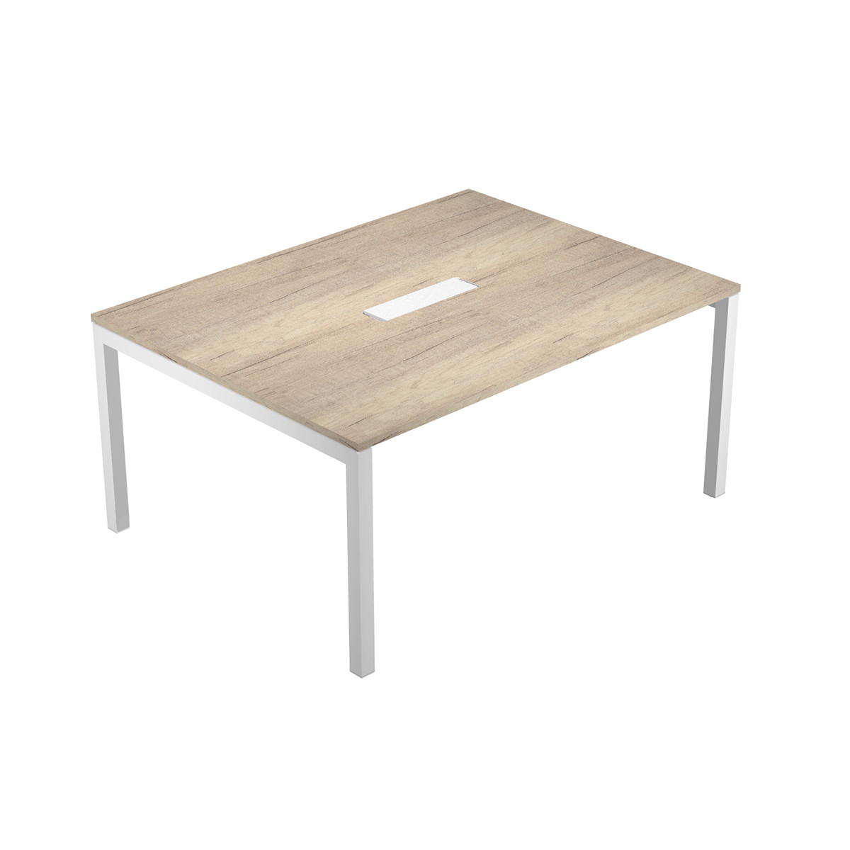 Table de réunion Eminence - L.160 x P.120 cm - Trappe d’accès centrale - Plateau Chêne canadien - Pieds Blanc