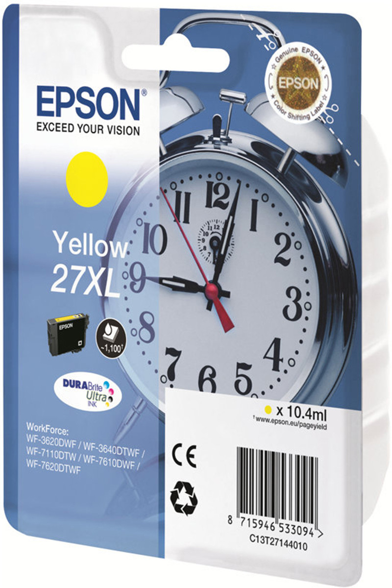 Epson 27 XL ''Réveil'' Cartouche d'encre originale grande capacité DURABrite Ultra C13T27144012 - Jaune