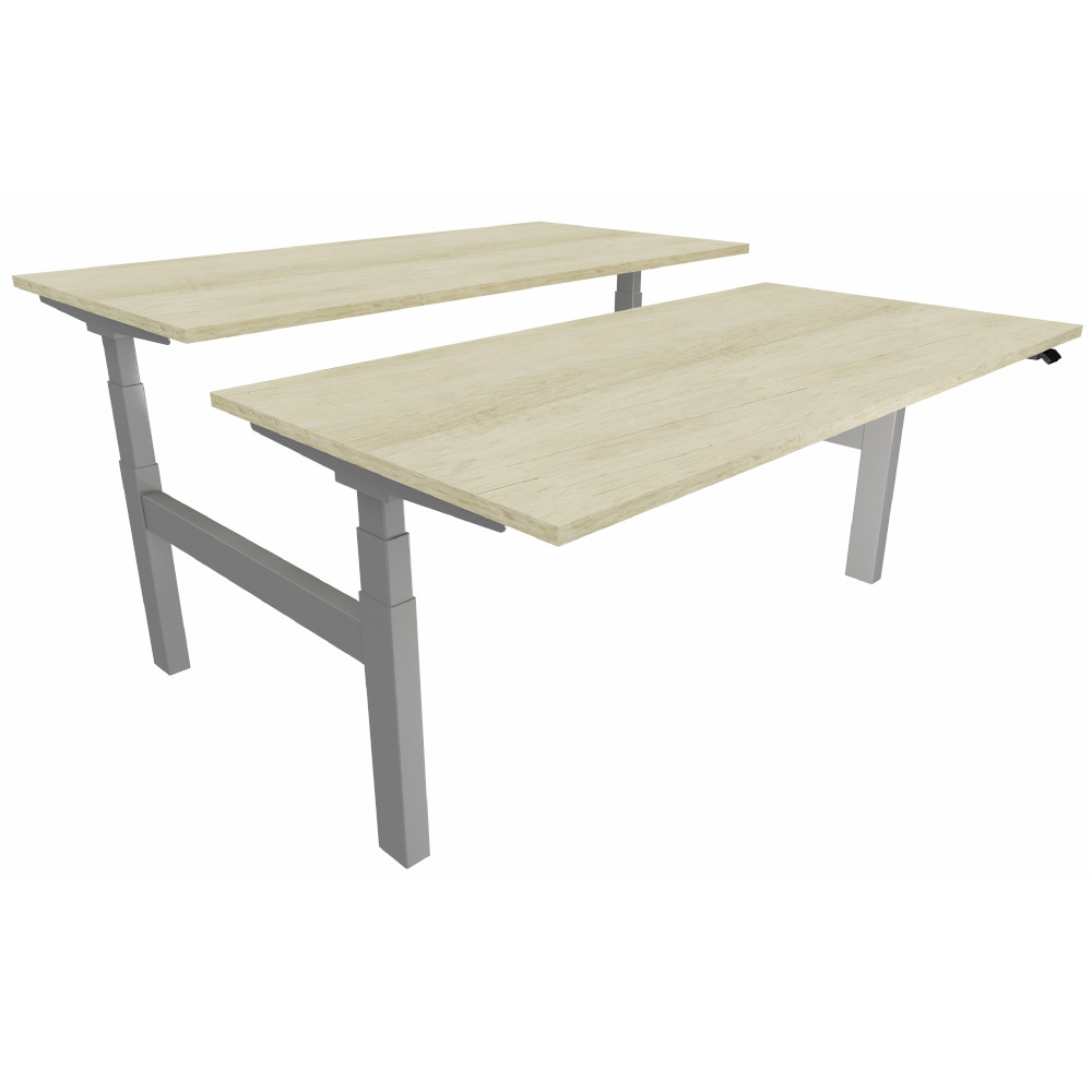 Bureau assis-debout partagé 2 postes Eminence - Réglage électrique en hauteur - L.180 x P.166 cm - Plateau Chêne Canadien - Pieds Aluminium
