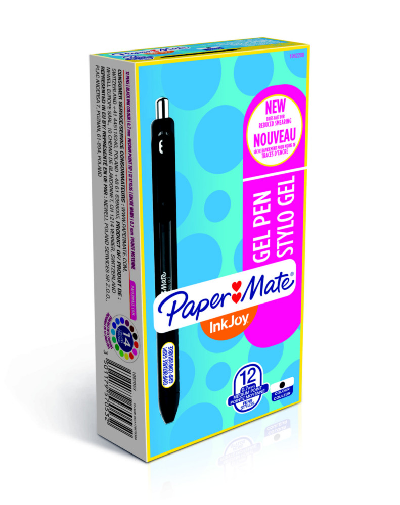 Paper Mate InkJoy stylo  encre gel rtractable, pointe moyenne de 0,7mm, corps noir translucide avec zone de prhension, encre noire
