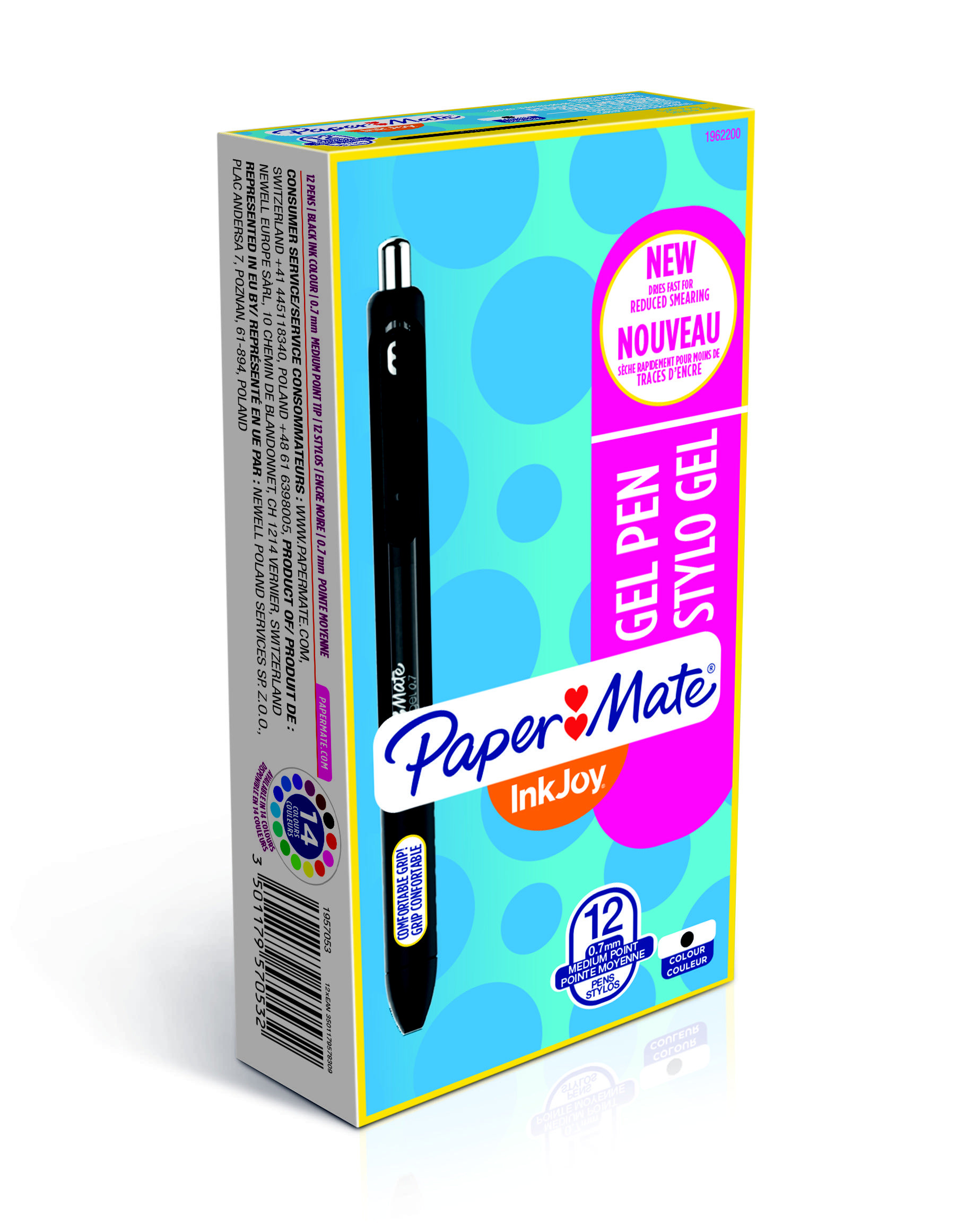 Paper Mate InkJoy® stylo à encre gel rétractable, pointe moyenne de 0,7 mm, corps noir translucide avec zone de préhension, encre noire