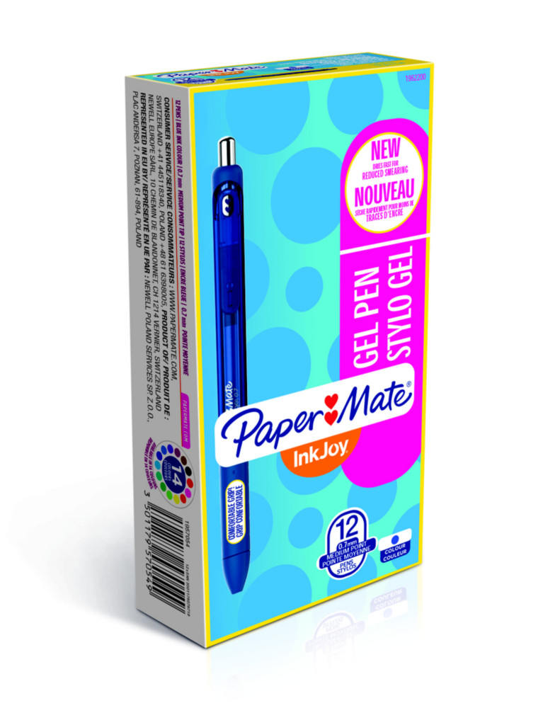 Paper Mate InkJoy stylo  encre gel rtractable, pointe moyenne de 0,7mm, corps bleu translucide avec zone de prhension, encre bleue