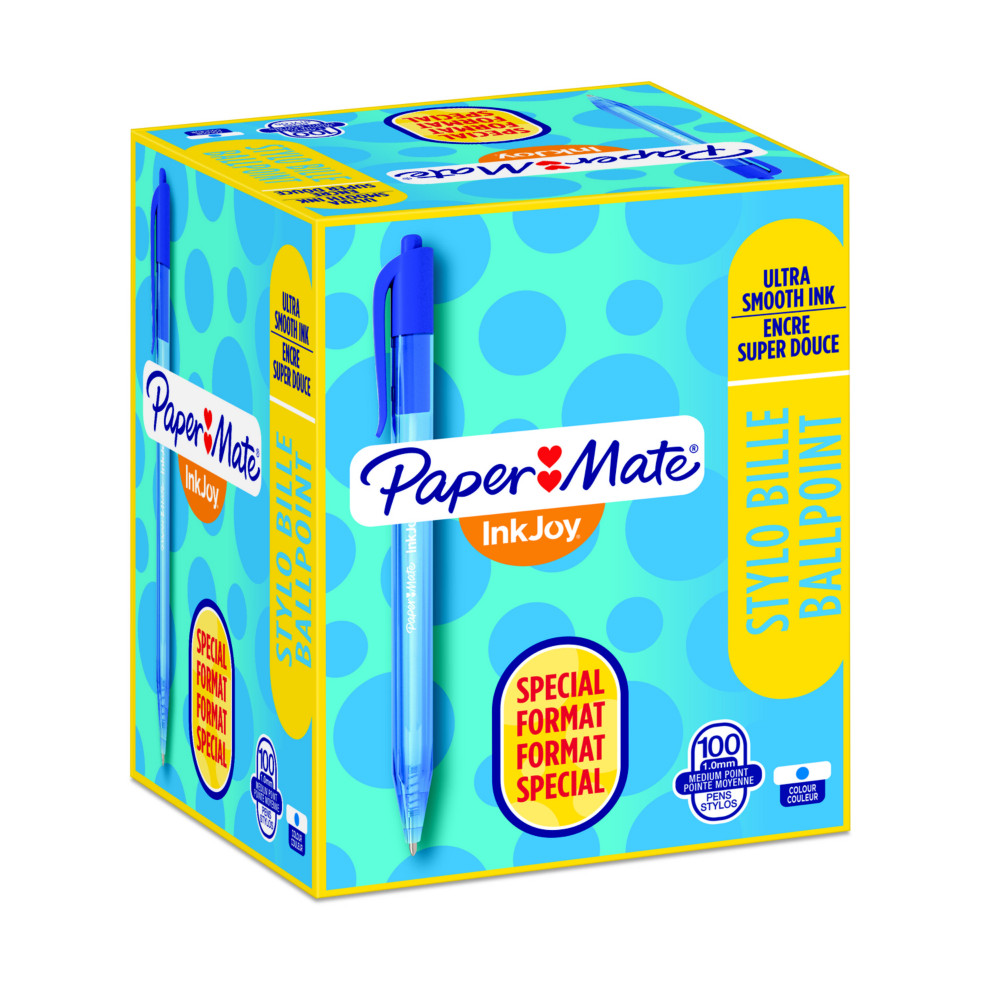 Paper Mate InkJoy 100 RT Stylo bille rtractable pointe moyenne 1 mm bleu - Bote de 80 + 20 OFFERTS