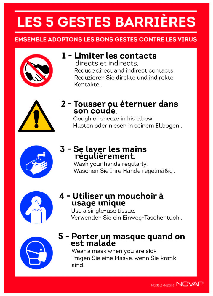Panneau signalisation A4 polystyrne rigide Les 5 gestes barrires en 3 langues - 210 x 297 mm