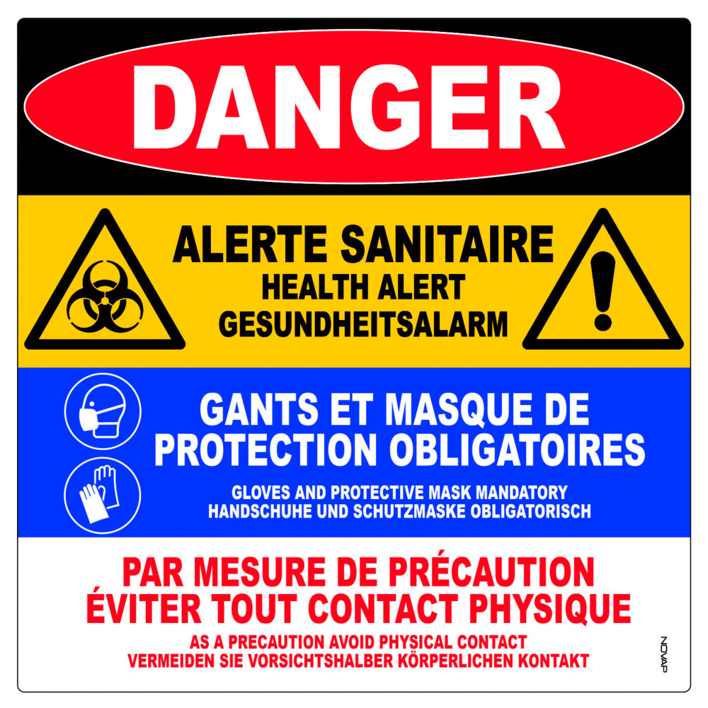 Panneau signalisation polystyrne rigide Danger Alerte sanitaire multi messages en 3 langues (Danger - Alerte sanitaire - Masque et gants obligatoires - Eviter contact physique) - 480 x 480 mm