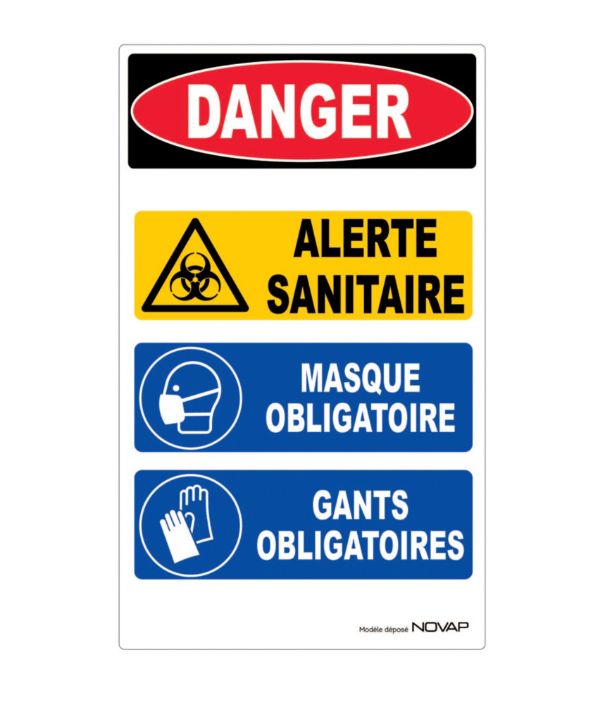 Panneau signalisation polystyrne rigide Danger Alerte sanitaire multi messages (Danger - Alerte - Masque - Gants) - 330 x 200 mm