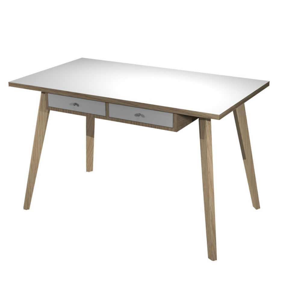 Bureau tltravail Marquize pieds bois massif 120 x 60 cm rhausse 2 tiroirs suspendus - Chne naturel / Blanc