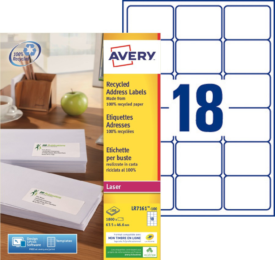Avery LR7161 Etiquettes adresses blanches 100% recyclées 63,5 x 46,6 mm - Boîte de 1800