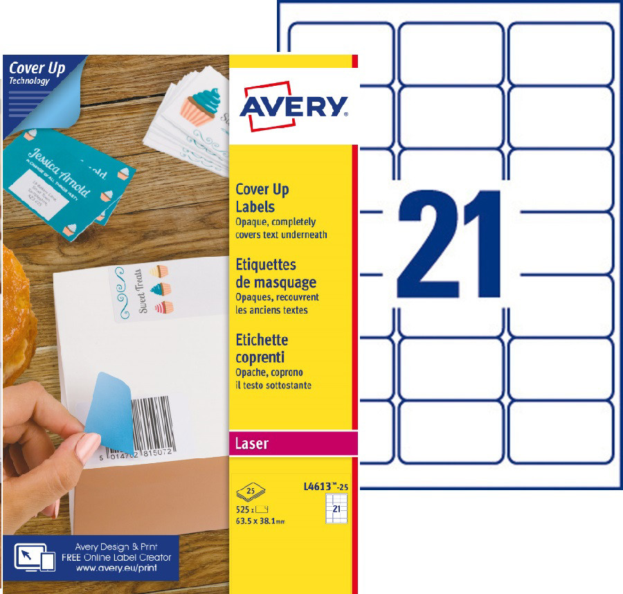 Avery L4613 Etiquettes de masquage permanentes opaques blanches laser 63,5 x 38,1 mm - Boîte de 525