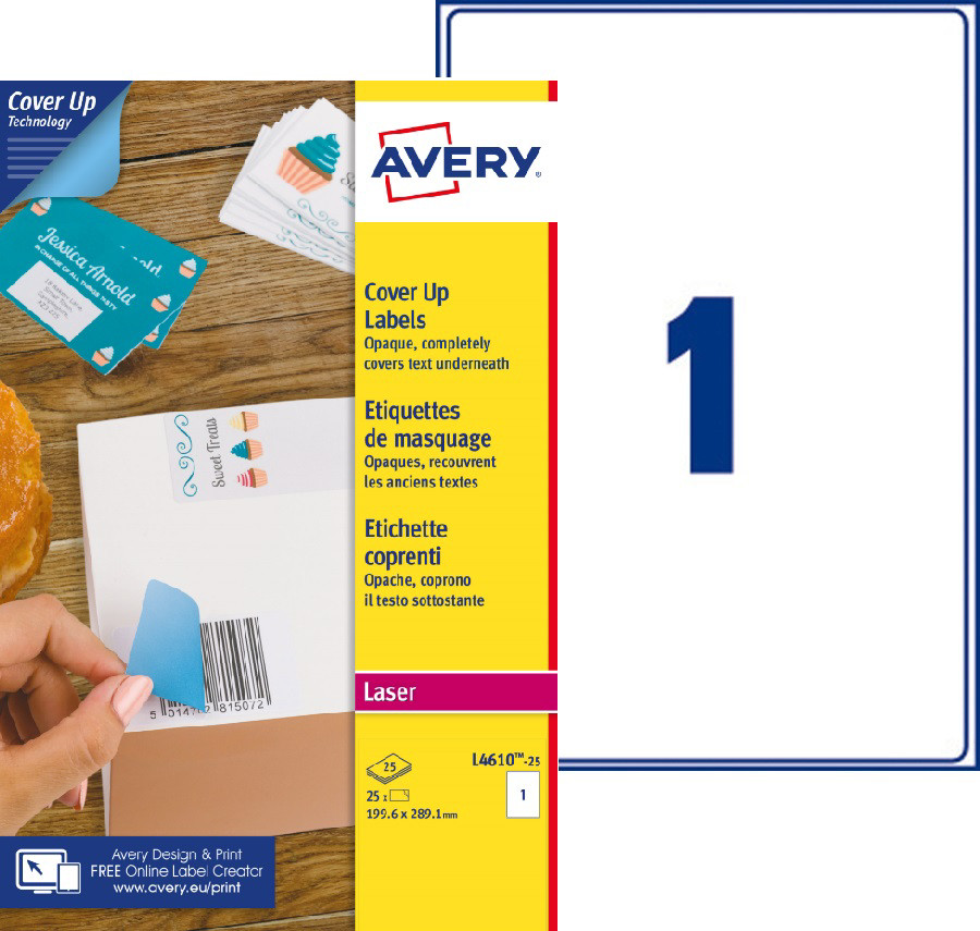 Avery L4610 Etiquettes de masquage permanentes opaques blanches laser 199,6 x 289,1 mm - Bote de 25