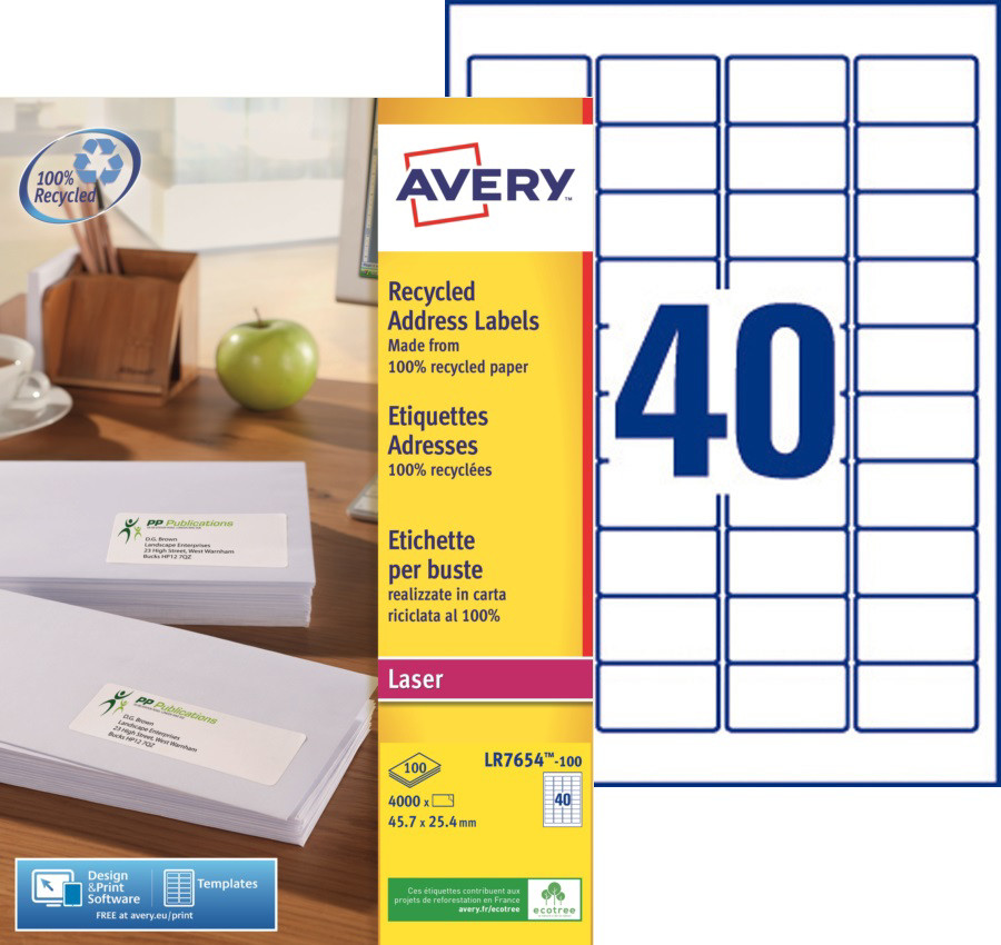 Avery LR7654 Etiquettes adresses blanches 100% recycles 45,7 x 25,4 mm - Bote de 4000