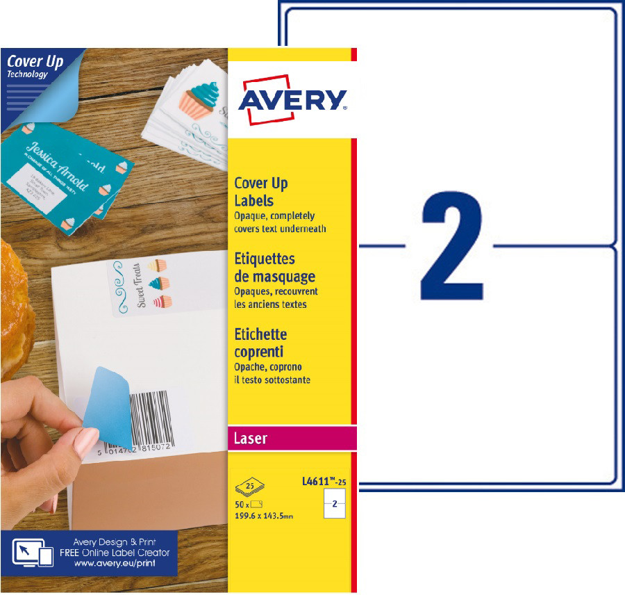 Avery L4611 Etiquettes de masquage permanentes opaques blanches laser 199,6 x 143,5 mm - Bote de 50