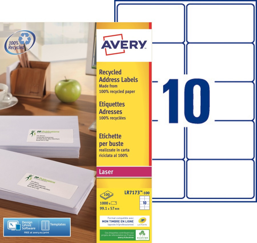 Avery LR7173 Etiquettes adresses blanches 100% recycles 99,1 x 57 mm - Bote de 1000