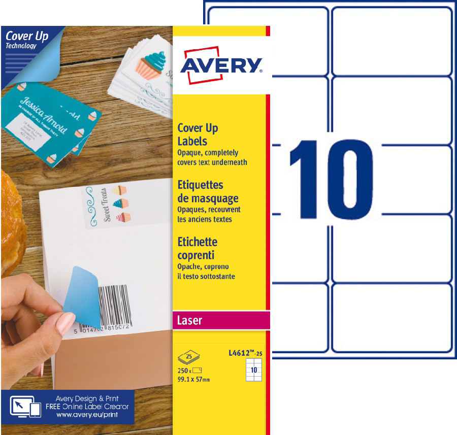 Avery L4612 Etiquettes de masquage permanentes opaques blanches laser 99,1 x 57 mm - Bote de 250