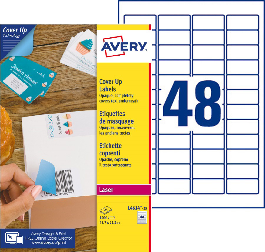 Avery L4614 Etiquettes de masquage permanentes opaques blanches laser 45,7 x 21,2 mm - Bote de 1200