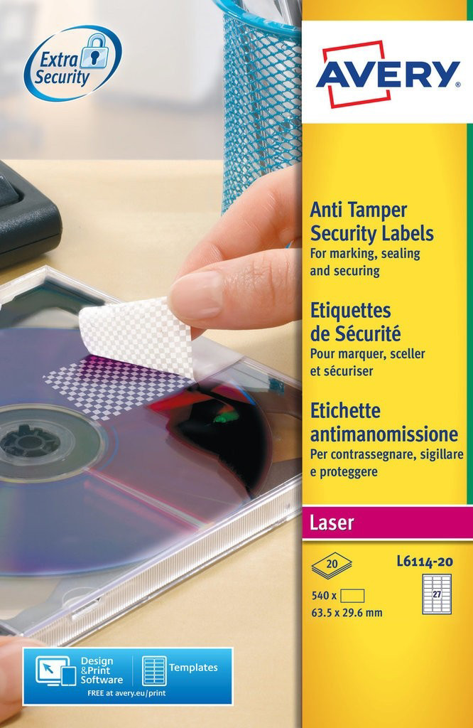 Avery L6114 Etiquettes ultra-résistantes de sécurité blanches laser 63,5 x 29,6 mm - Boîte de 540