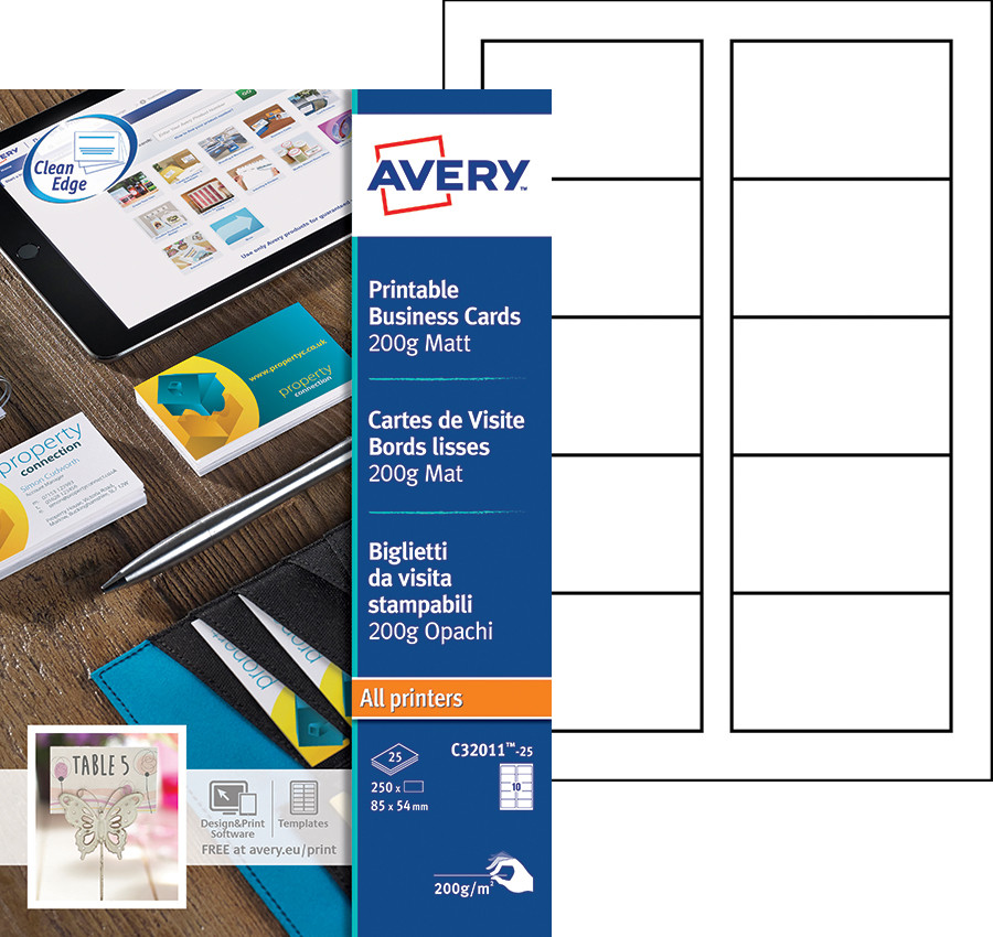 Avery C32011-25 - Cartes de visite blanches à bords lisses 85 x 54 mm - Impression laser, jet d'encre, copieur