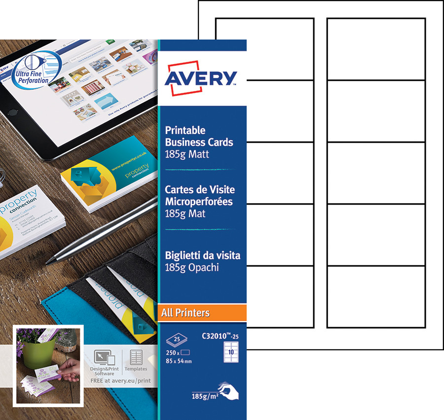 Avery C32010-25 - Cartes de visite blanches à bords micro perforés - 85 x 54 mm - Impression laser, jet d'encre, copieur