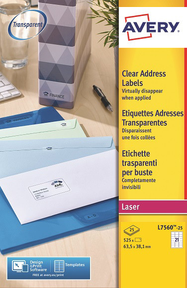 Avery L7560 Etiquettes adresses transparentes laser 63,5 x 38,1 mm - Boîte de 525