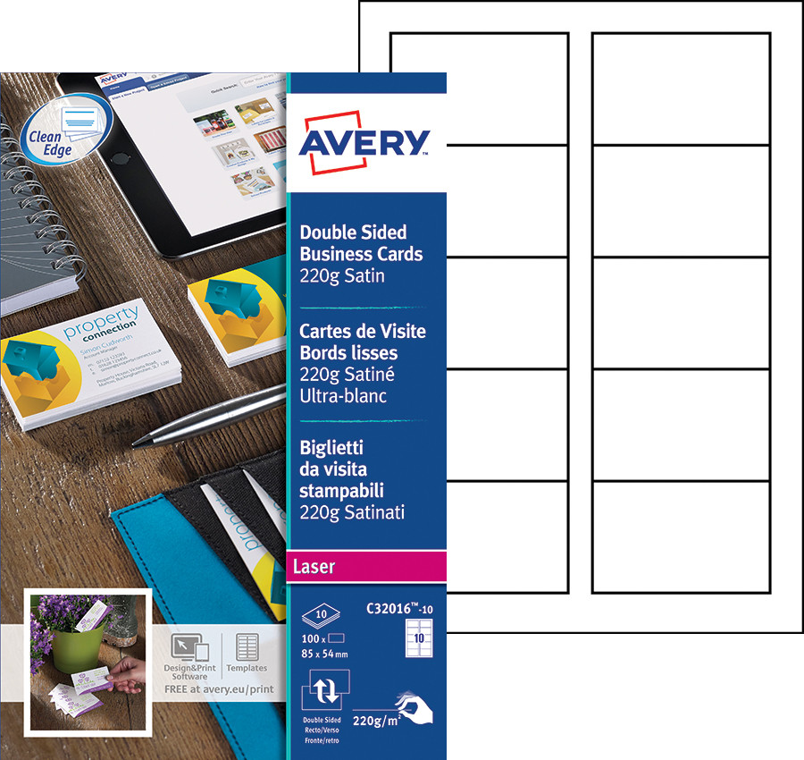 Avery C32016-10 - Cartes de visite blanches à bords lisses - 85 x 54 mm - Impression laser