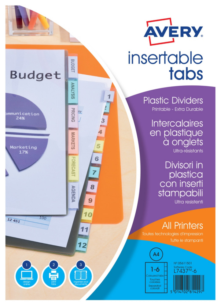 Avery Intercalaires  onglets personnalisables en polypropylne A4 - 6 touches