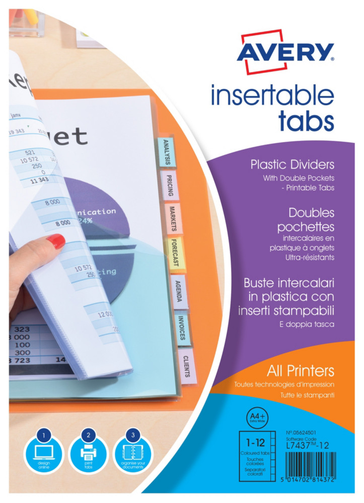 Avery Intercalaires doubles pochettes  onglets personnalisables A4+ - 12 touches