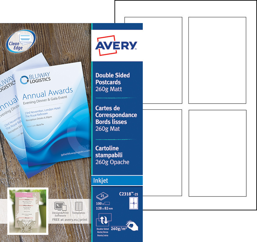 Avery Cartes de visite  bords lisses imprimables recto/verso - Format 128 x 82 mm - Carte blanche mate 260g - C2318-25 - Impression jet d'encre - Pochette de 100