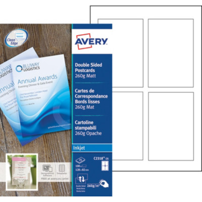 Avery Cartes de visite à bords lisses imprimables recto/verso - Format 128 x 82 mm - Carte blanche mate 260 g - C2318-25 - Impression jet d'encre - Pochette de 100