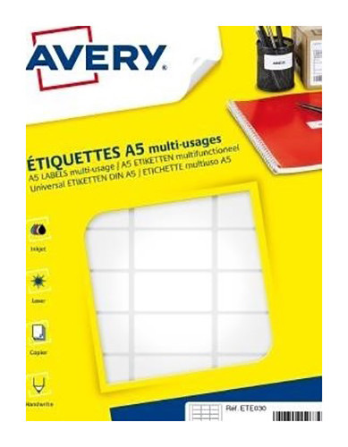 Avery ETE030 Etiquettes multi-usages blanches 19 x 38 mm - Bote de 480