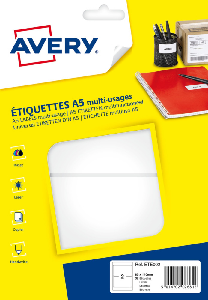 Avery ETE002 Etiquettes multi-usages blanches 80 x 140 mm - Bote de 32