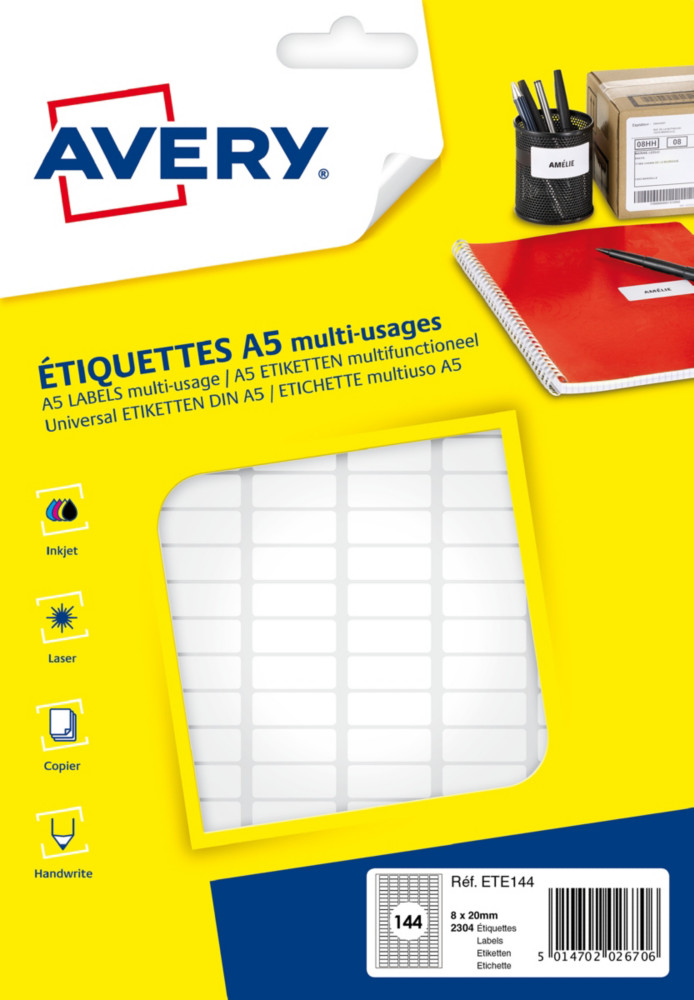 Avery ETE144 Etiquettes multi-usages blanches 8 x 20 mm - Bote de 2304