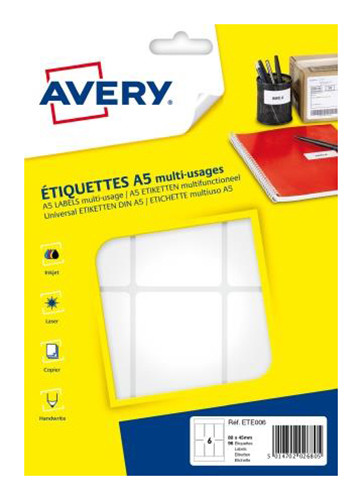 Avery ETE006 Etiquettes multi-usages blanches 80 x 45 mm - Bote de 96