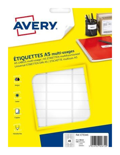 Avery ETE045 Etiquettes multi-usages blanches 13 x 38 mm - Bote de 720