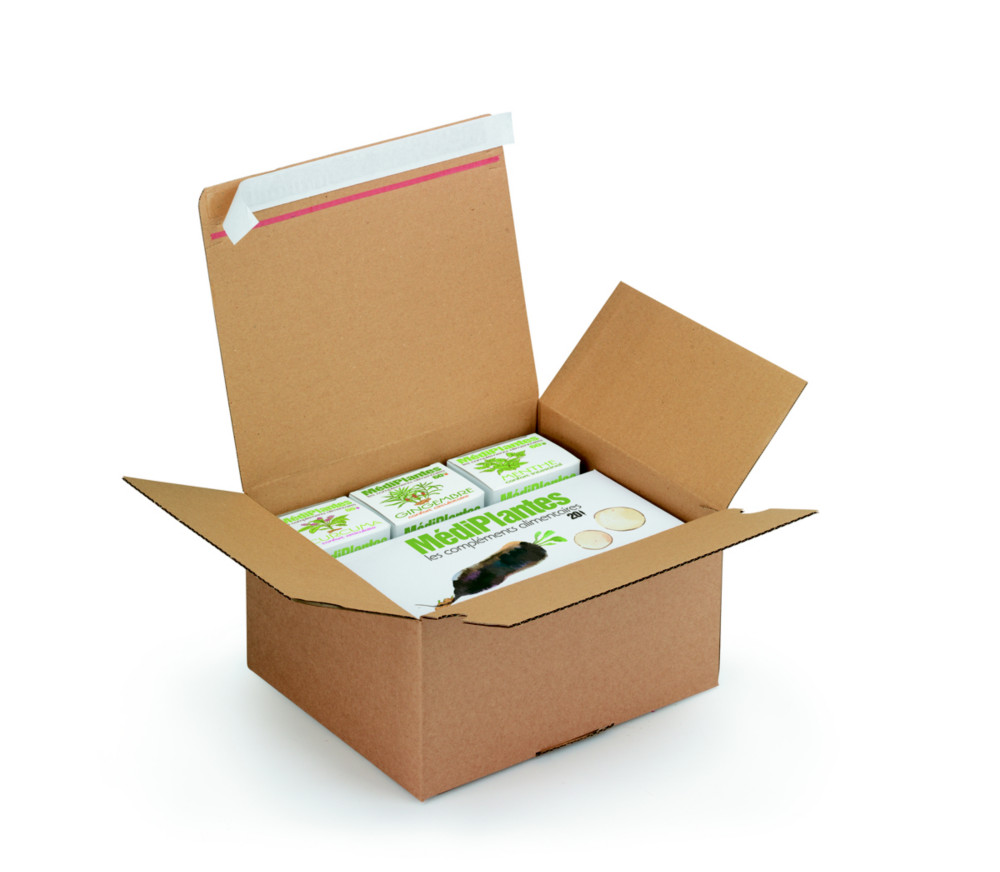RAJA Caisse  montage instantan et fermeture adhsive en carton simple cannelure brun - L.26 x l.22 x H.13 cm - Lot de 20