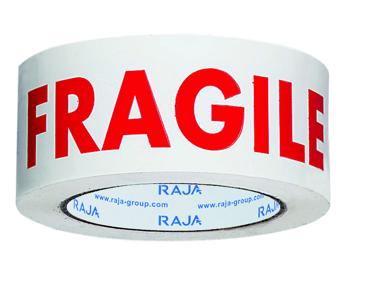 RAJA Ruban d'emballage imprimé ''Fragile'' en polypropylène 28 microns 50 mm x 100 m - Blanc texte rouge - Lot de 6