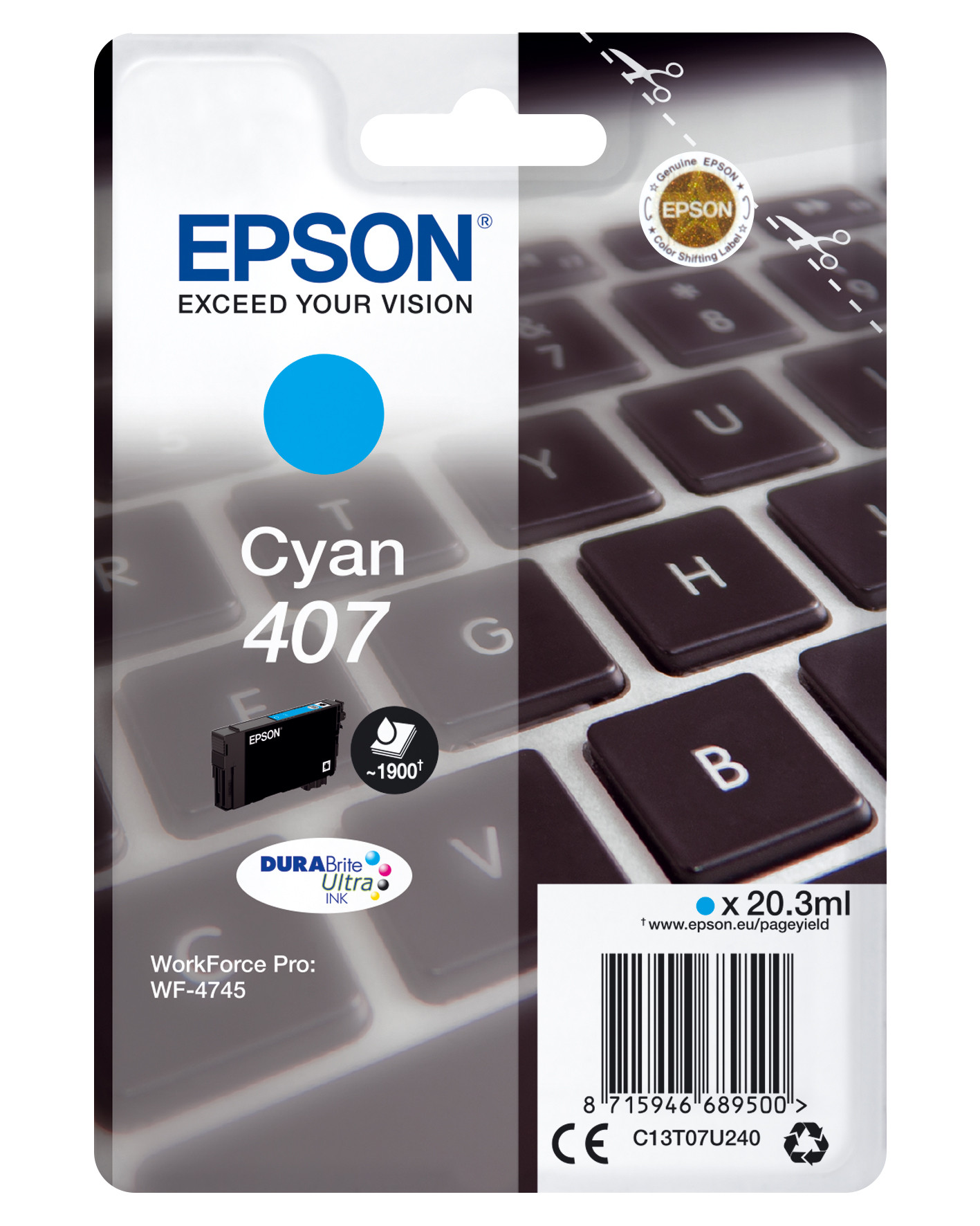 Epson 407 Cartouche d'encre originale C13T07U240 - Cyan