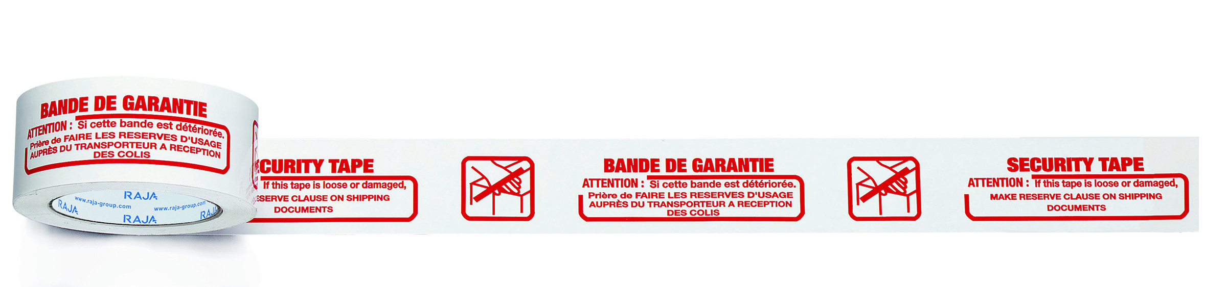 RAJA Ruban d'emballage imprimé ''Bande de Garantie'' en polypropylène 28 microns 50 mm x 100 m - Blanc texte rouge - Lot de 6