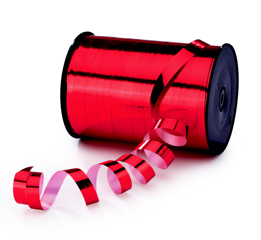 RAJA Ruban bolduc pour emballage cadeau - Bobine de 250 m x 1 cm  - Rouge effet miroir - Lot de 2