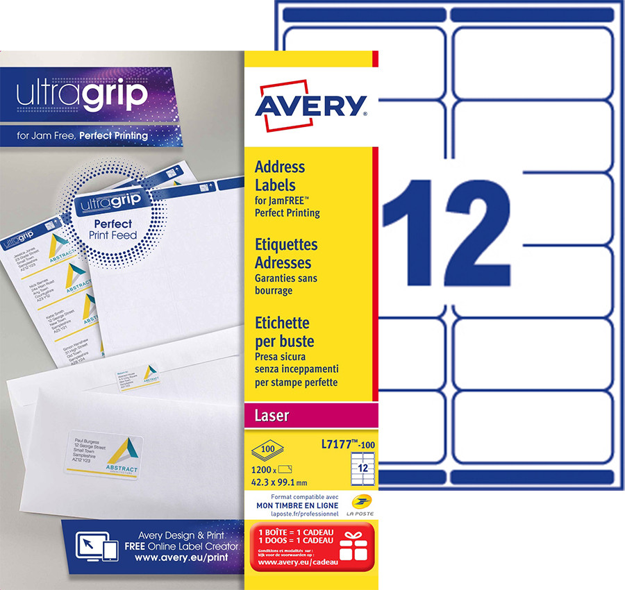 Avery L7177 Etiquettes adresses blanches laser 99,1 x 42,3 mm - Bote de 1200