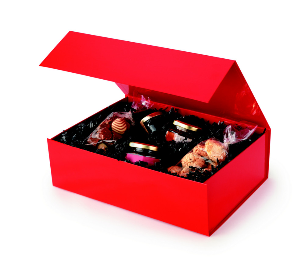 Bote cadeau carton fermeture aimante L.37,5 x l.26,5 x H.6,5 cm - Rouge brillant - Lot de 10