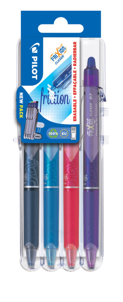 Pilot FriXion Clicker Stylo roller rtractable encre gel effaable pointe moyenne 0,7 mm - Etui rigide organiseur de 4 couleurs assorties