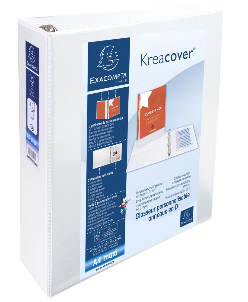 Exacompta Classeur  anneaux personnalisable 3 faces plastifi Kreacover 4anneaux enD 60mm -  A4 maxi  Dos 9 cm Capacit 550feuilles blanc