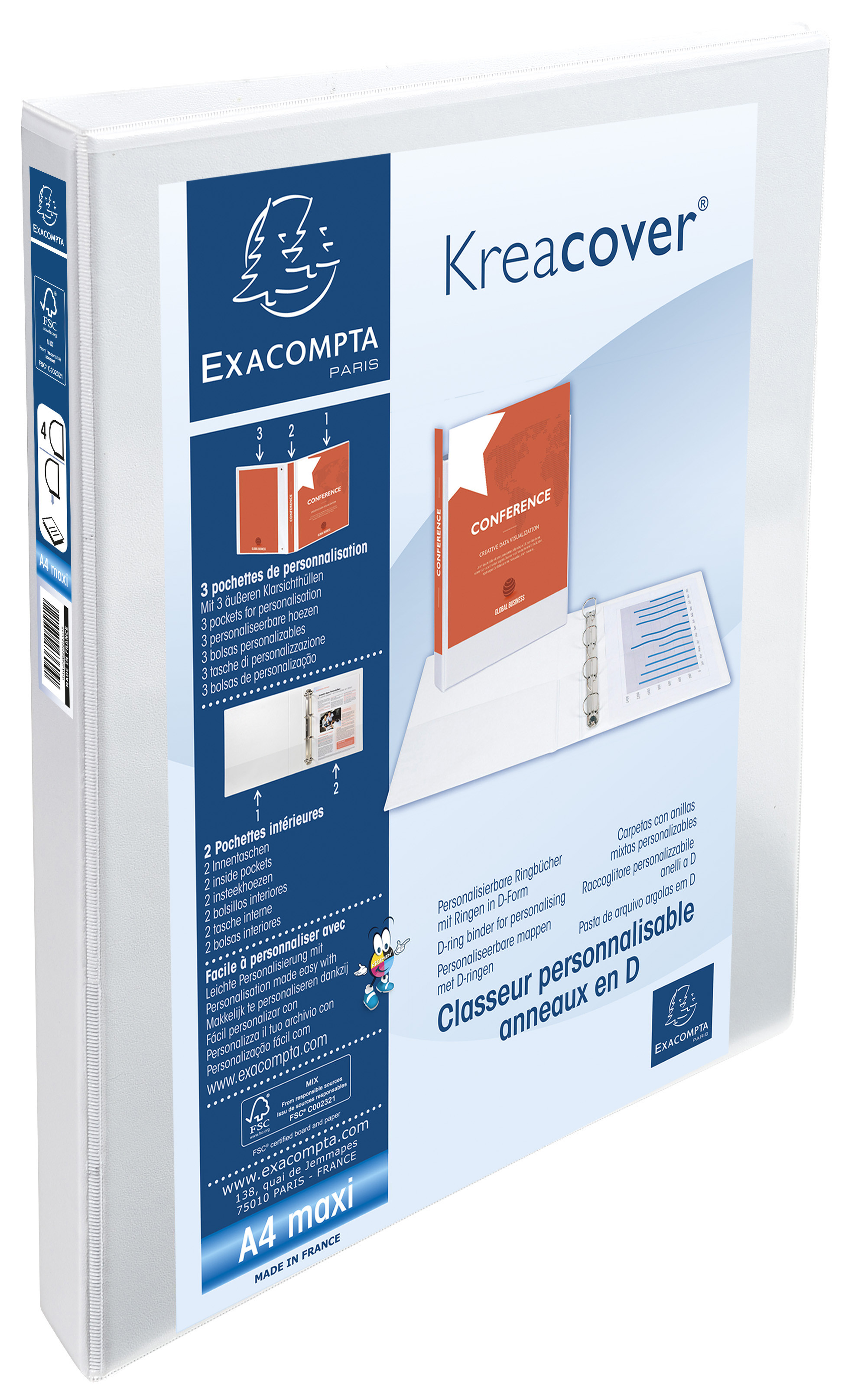 Exacompta Classeur à anneaux personnalisable 3 faces plastifié Kreacover 4 anneaux en D 20 mm - A4 maxi Dos 3,8 cm - Capacité 185 feuilles - Blanc